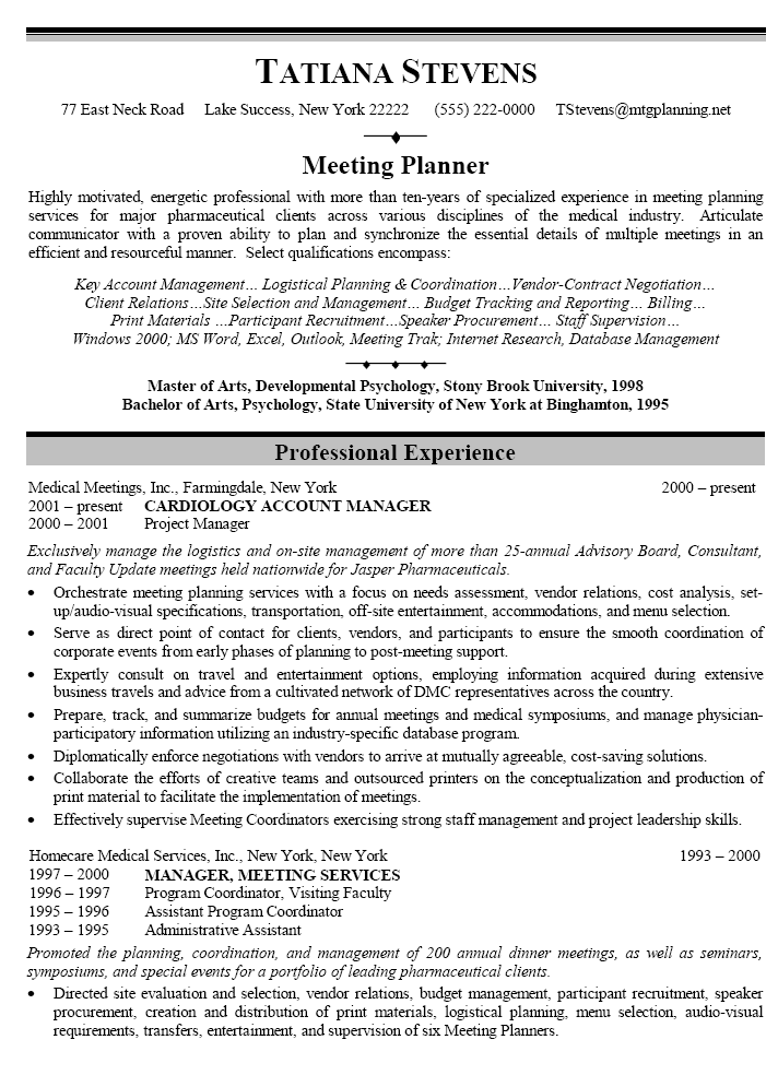 resume sample for meeting planner